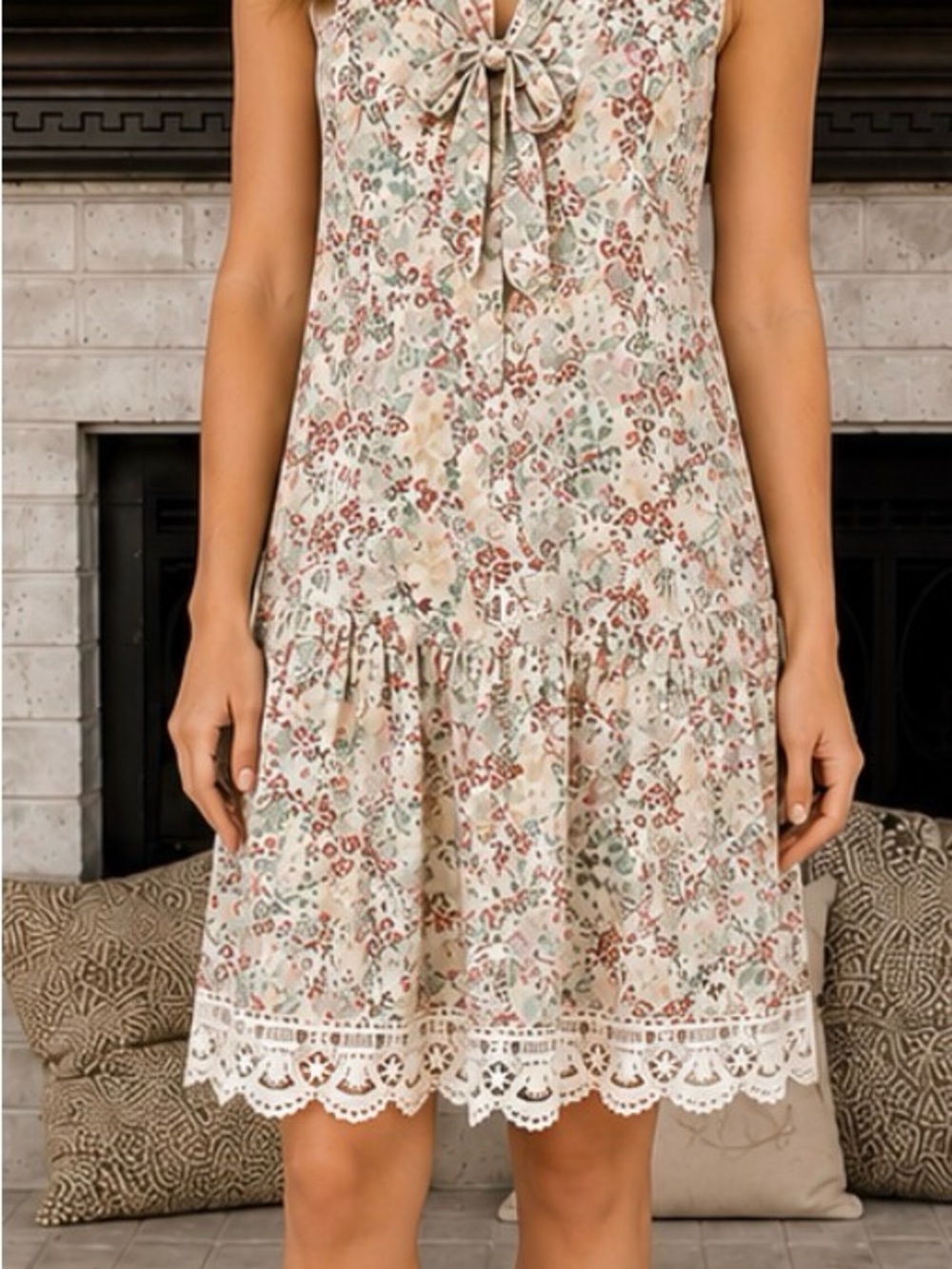 New York & Company Cream Floral Tie-Neck Midi Dress